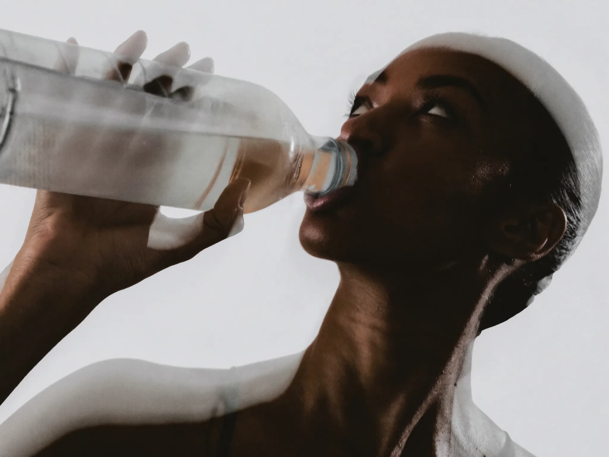 A woman drinking water from a bottle, lit from the side